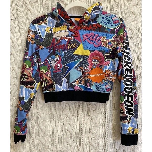 Nickelodeon Tops - Nickelodeon Crop Hoodie 90's Rugrats S Allover Print‎ Embroidery Sleeve Logo